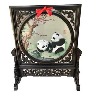 Vintage Chinese Shu Embroidered Double-Sided Giant Pandas